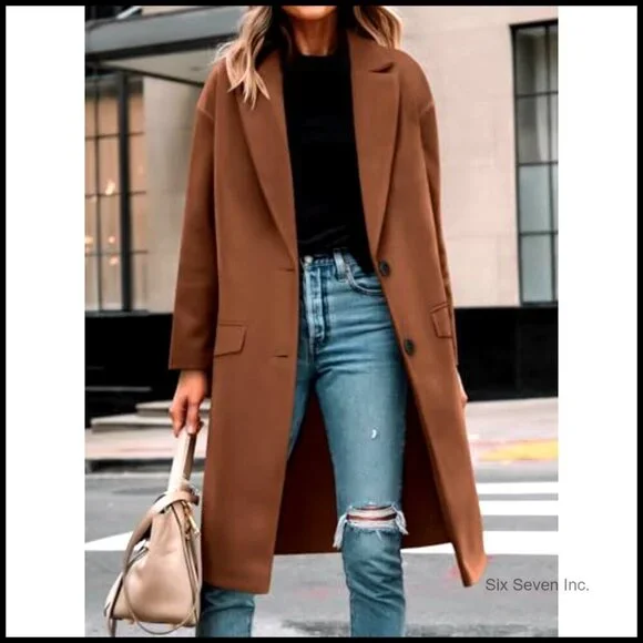 Notched Lapel Peacoat Loose Fit Trench Coat Classic Elegant Winter Outerwear - Picture 2 of 7